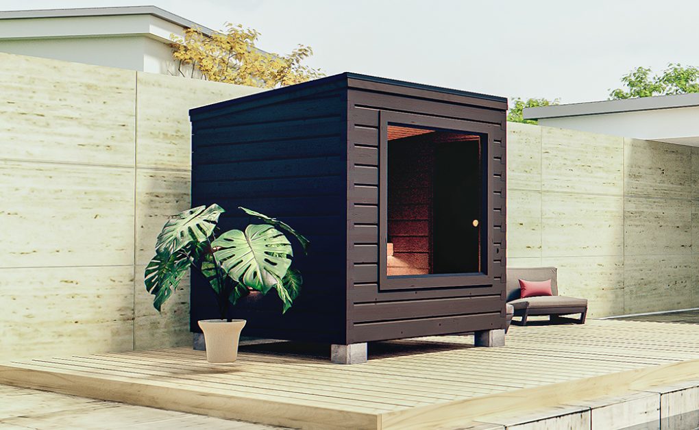 Sauna extérieur Hetki Onni sur terrasse avec piscine